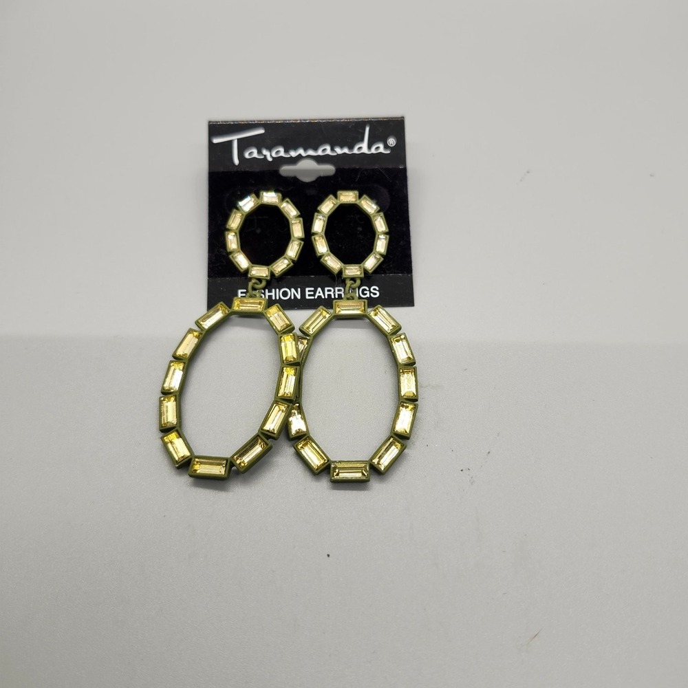 Taramanda Dangle Drop Oval Earrings 2.5 Baguette Rhinestone Gold Olive Green